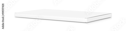 White wide thin flat horizontal rectangle blank box from side angle. © Mockup Cake
