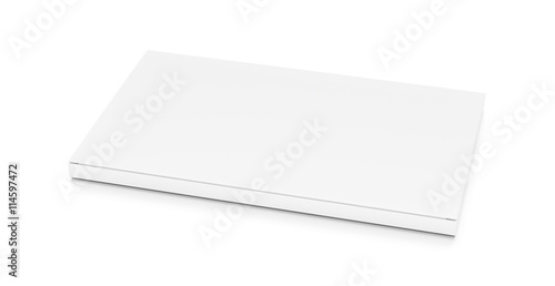 White wide thin flat horizontal rectangle blank box from top side closeup angle. © Mockup Cake