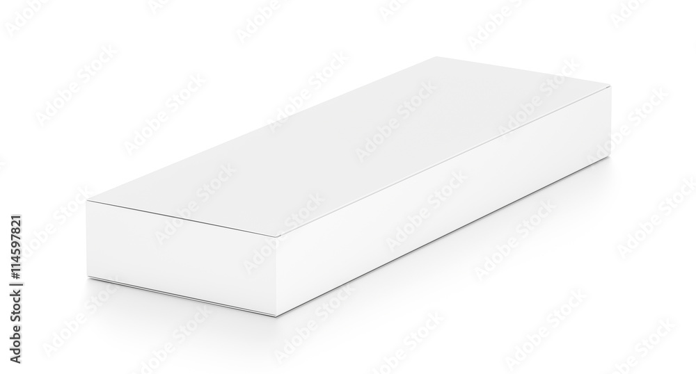 White wide flat horizontal rectangle blank box from side angle. White wide flat horizontal rectangle blank box from side angle.