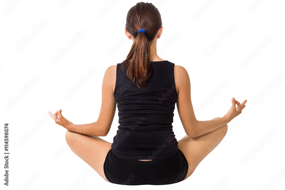 Mujer posición yoga sobre fondo blanco aislado. Concepto gimnasia Mujer posición yoga sobre fondo blanco aislado. Concepto gimnasia