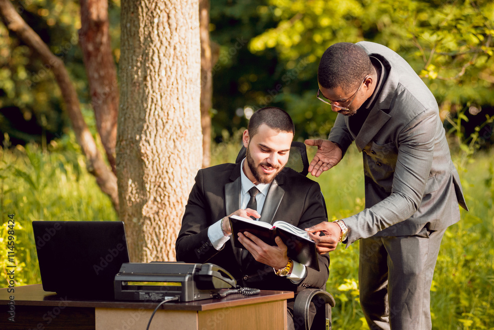 Two young businessman at work in the park. Two young businessman at work in the park.