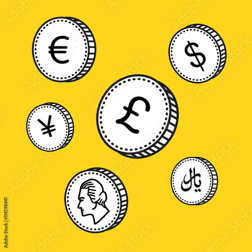 vector line hand drawn coins. Black and white money. Sketch style, isolated on white background. World currency.
