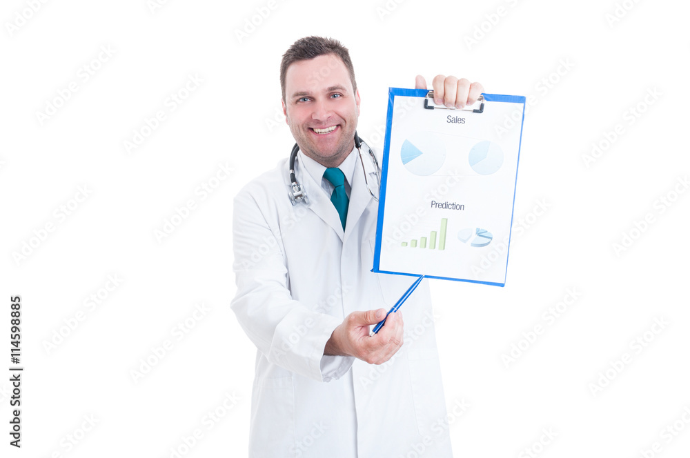 Male medic showing sales and predictions charts