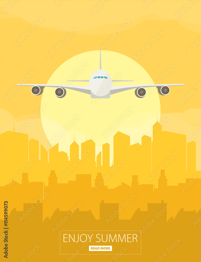 Plane flying over urban city. Vector illustration Plane flying over urban city. Vector illustration