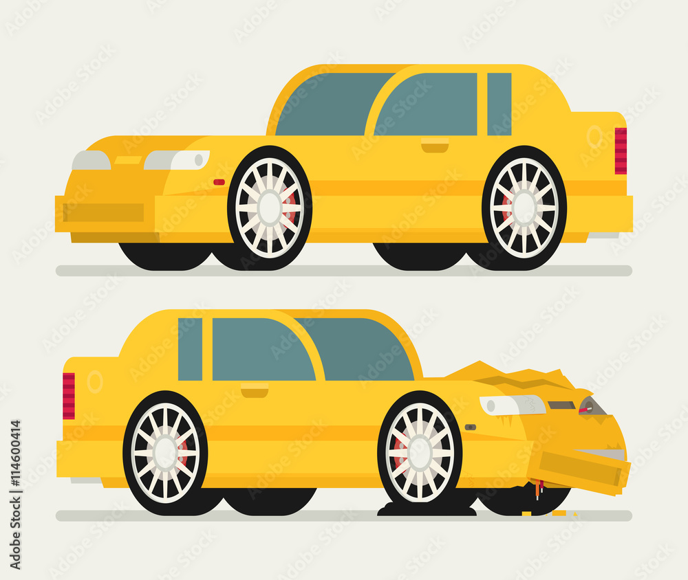 Flat car vehicle before and after car crash road accident.