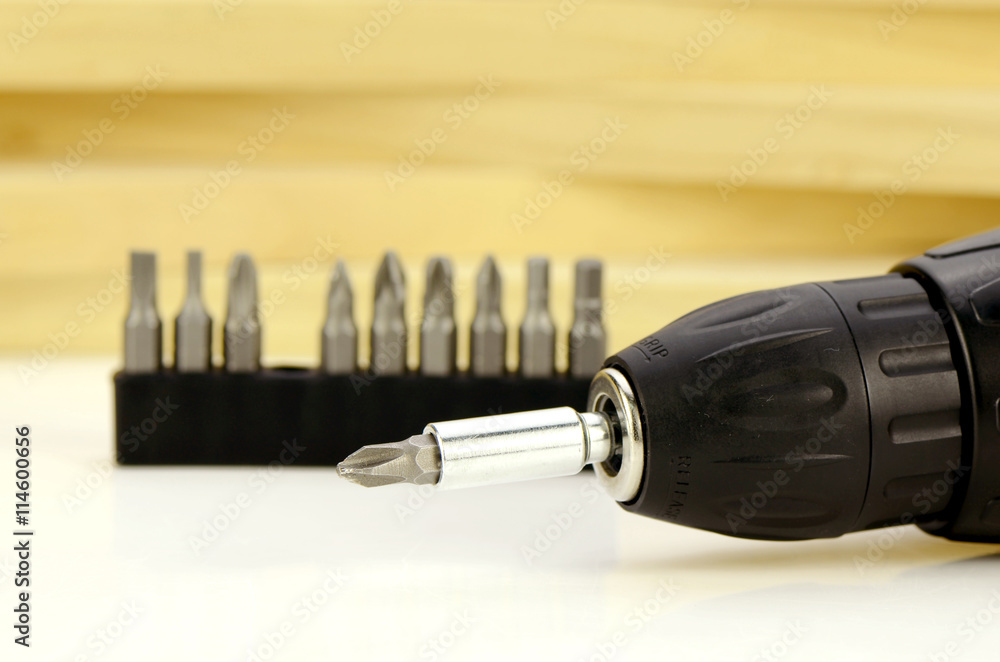 Cordless screwdrivers with various kind of screw tips. Cordless screwdrivers with various kind of screw tips.