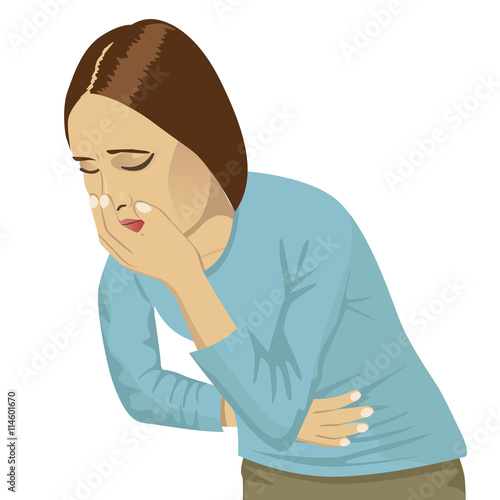 closeup portrait of sick young woman about to throw up, vomit