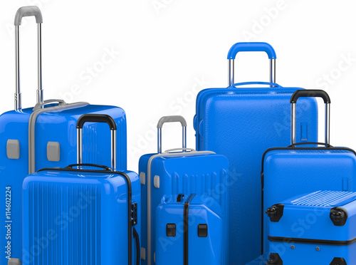 set of blue luggages on white background