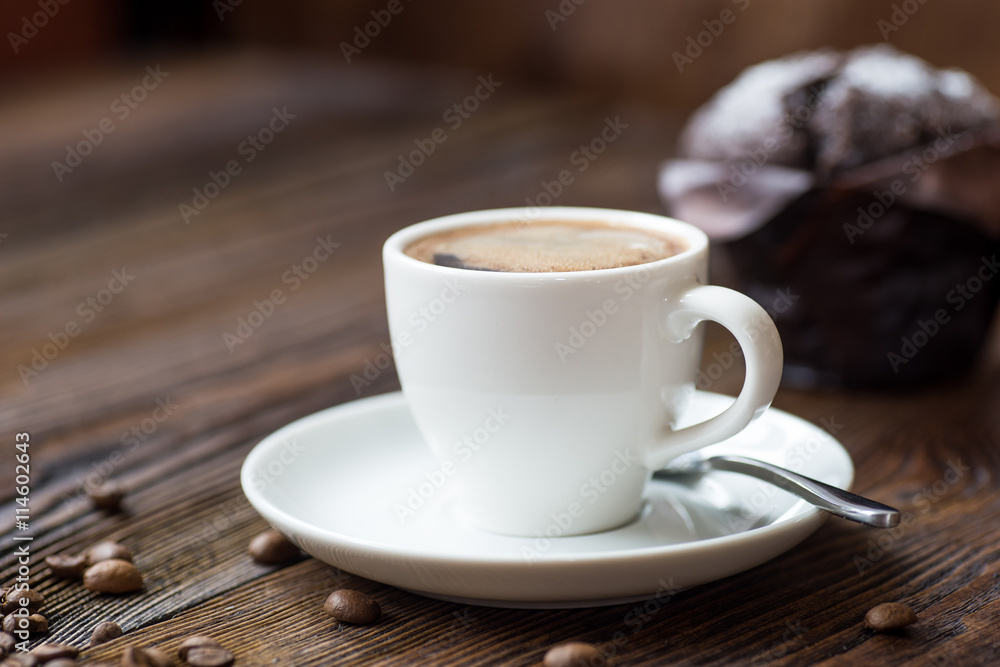 Classic style espresso shot with chip muffin Classic style espresso shot with chip muffin