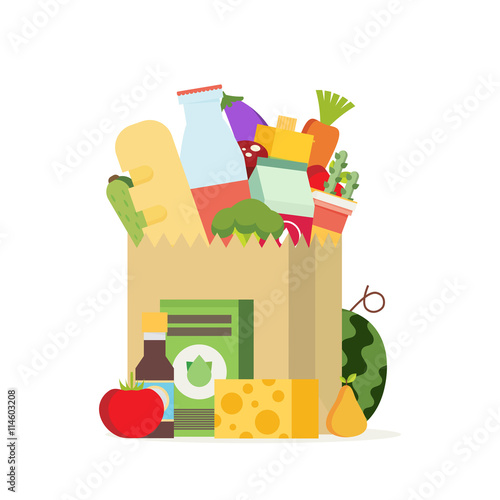 Paper bag, package with food and drink products. Flat design