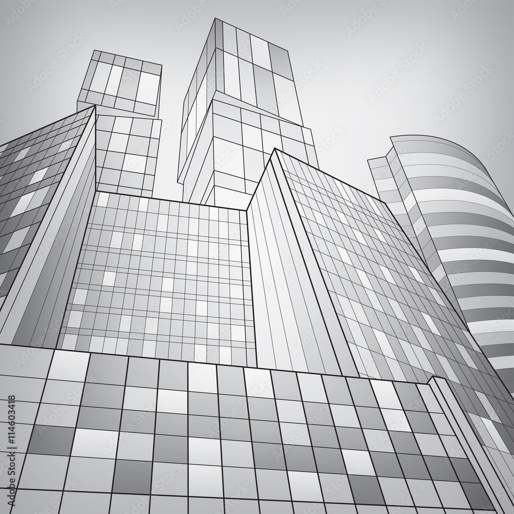 Fototapeta premium Business building, silver city, infrastructure illustration, modern architecture, airplane flying, vector design art