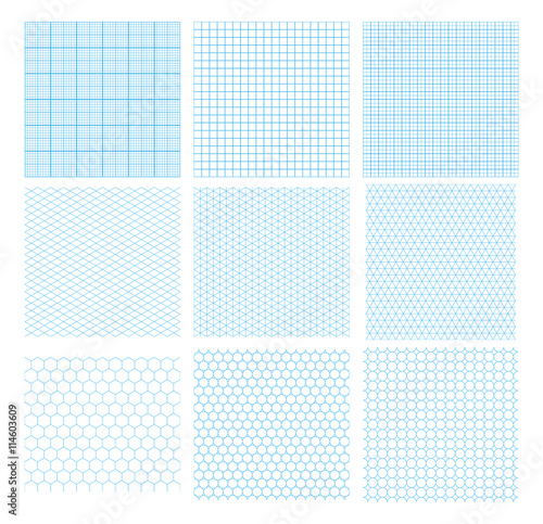 Nine cyan geometric grids, seamless patterns isolated on white. Millimetric, isometric, hexagonal and circles.