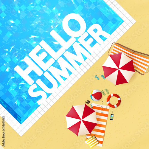 Top view of swimming pool with parasol and other beach things. Detailed Vector illustration.

