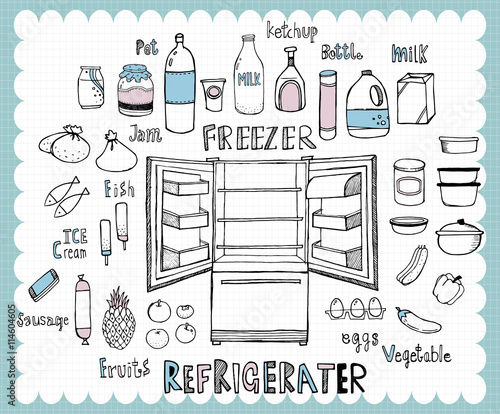 Hand drawn foods in a refrigerator A