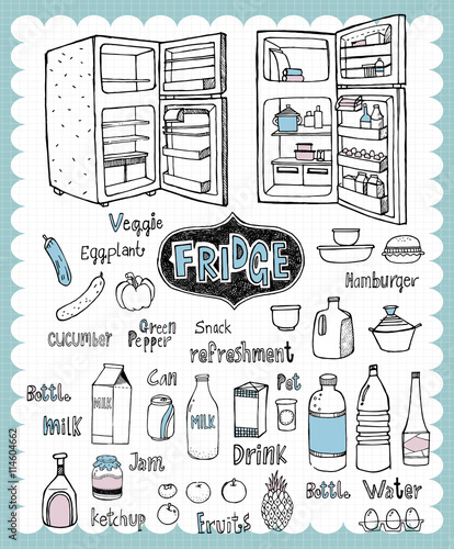 Hand drawn foods and a refrigerator B