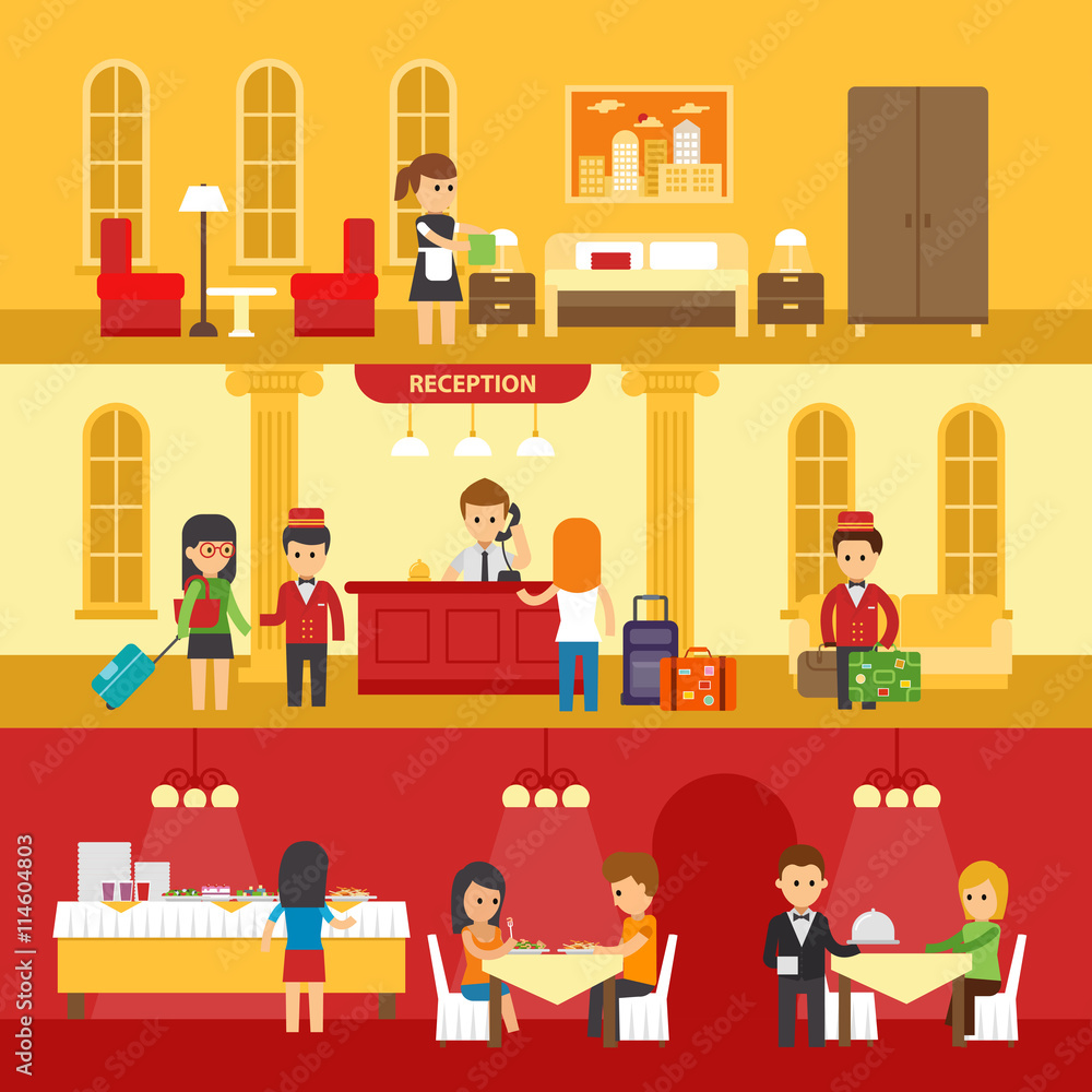 Hotel interior with people and hotel service vector flat illustration. Hotel reception, room, dining room vector design infographic elements. Hotel service banners hotel staff vector illustration Hotel interior with people and hotel service vector flat illustration. Hotel reception, room, dining room vector design infographic elements. Hotel service banners hotel staff vector illustration