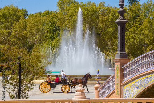 Ornamental fountain in the famous Plaza of Spain in Seville, Spain
