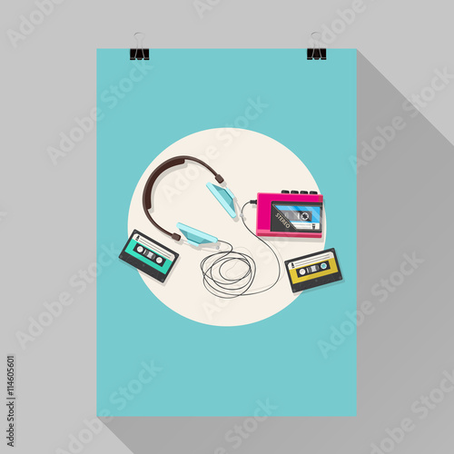 Flyer design, Cassette tape player and headphone

