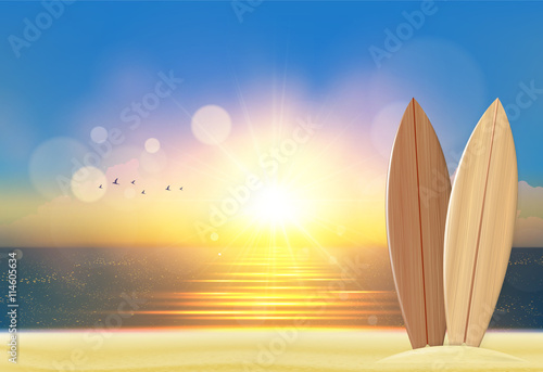 Beach background with surf boards. Photorealistic vector.

