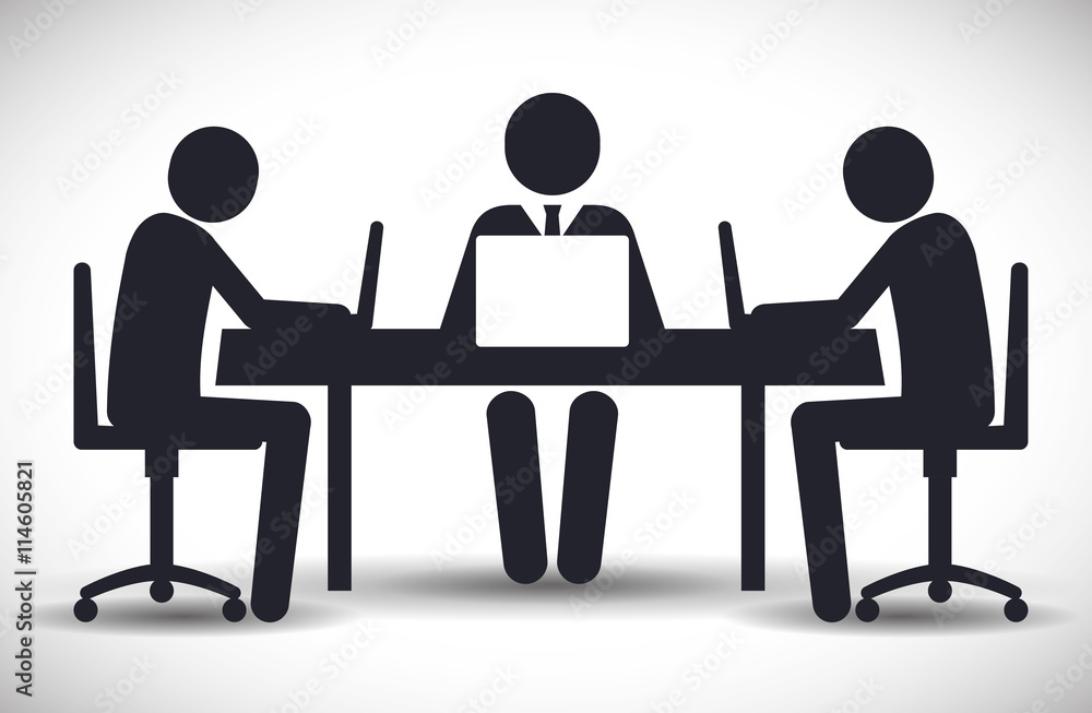 Business represented by businesspeople on table with laptop icon. flat and isolated illustration Business represented by businesspeople on table with laptop icon. flat and isolated illustration