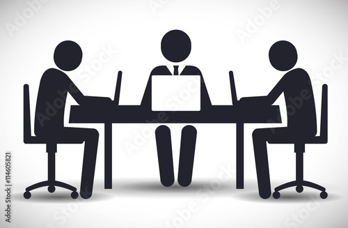 Business represented by businesspeople on table with laptop icon. flat and isolated illustration