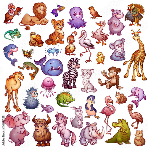 Vector set of cute animals for pets alphabet. Lion, rhino, giraffe and etc.