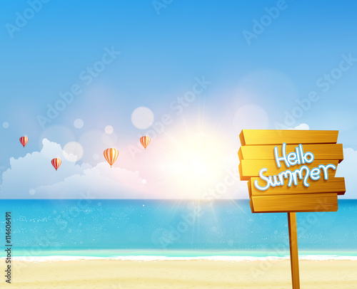 Hello Summer text with wooden board, vector illustration
