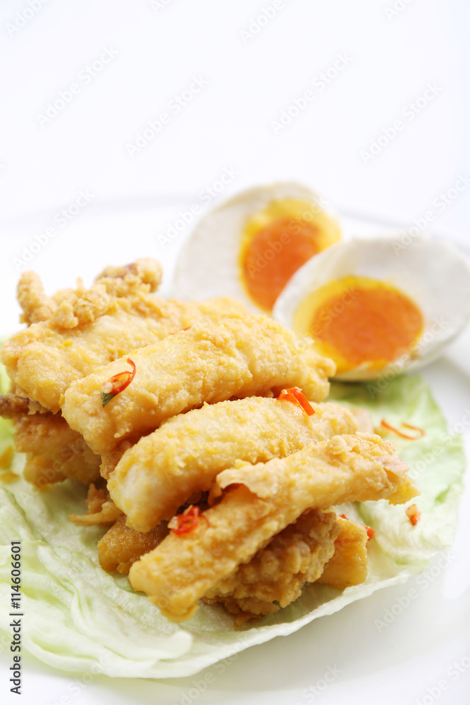 Salted egg with fried fish Salted egg with fried fish