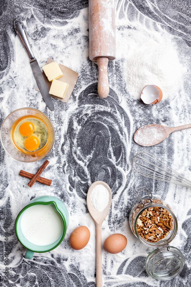 Baking and cooking concept, variety of ingredients and utensils Baking and cooking concept, variety of ingredients and utensils