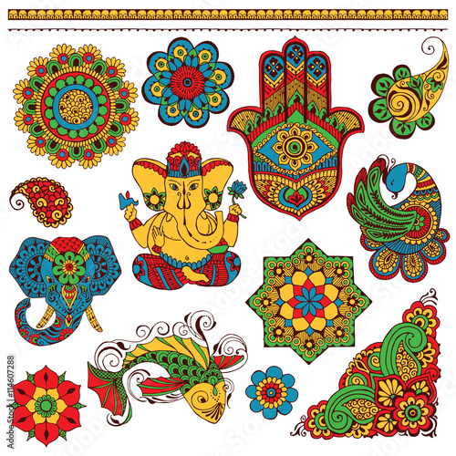 A set of Indian symbols for design painted in the style of mihendi