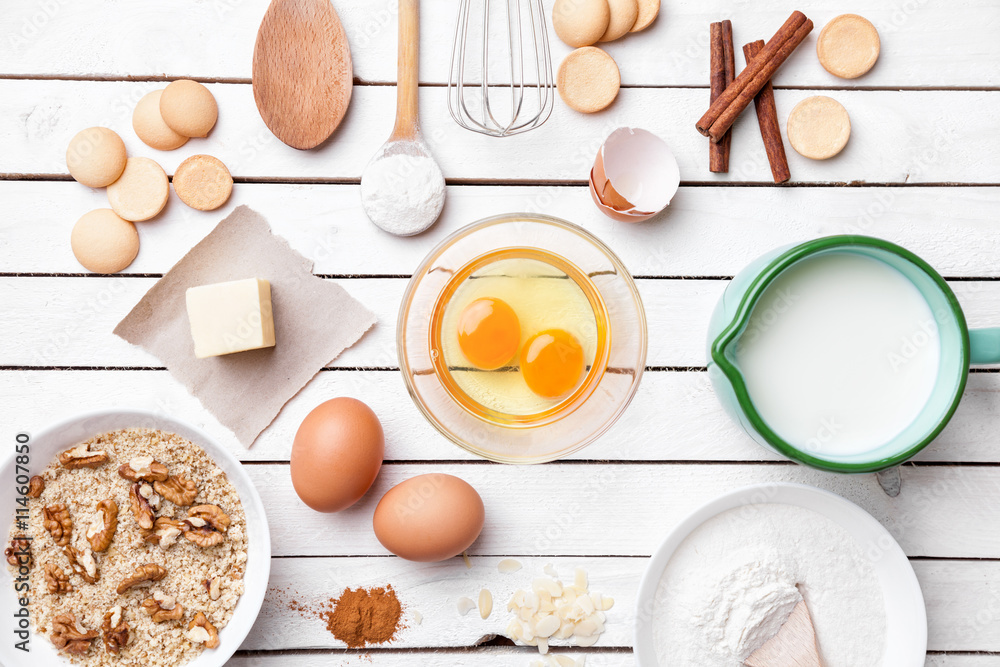 Baking and cooking concept, variety of ingredients and utensils Baking and cooking concept, variety of ingredients and utensils