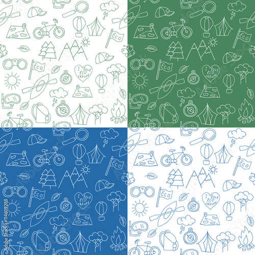Seamless pattern of hand drawn doodle ecotourism design elements. Mountains, binocular, baseball cap, bicycle, magnifying glass, diving snorkel mask, canoe, bonfire, air balloon. Vector illustration.