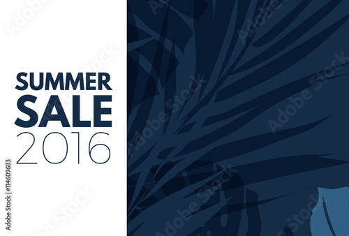 Blue indigo summer tropical hawaiian background with palm tree leaves and exotic flowers