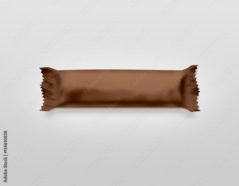 Fototapeta Blank brown candy bar plastic wrap mockup isolated. Empty chocolate bar packaging