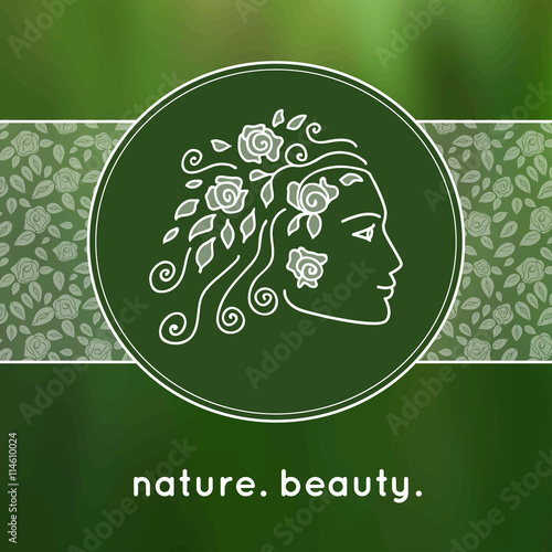 Vector illustration. Young woman profile. Female face as a logo in linear style. Girl face sketch as design element for natural beauty concept. Nature symbol for organic products or natural cosmetics.