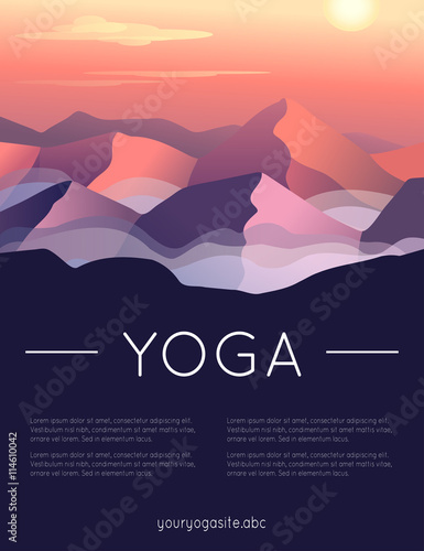 Vector yoga illustration. Template of poster for International Yoga Day. Poster for 21 June, Yoga Day. Yoga poster with mountain landscape. Backdrop with sunset view.