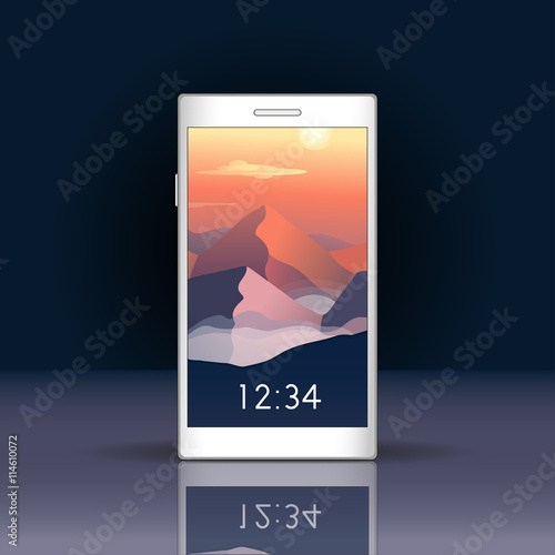 Vector illustration. Smartphone screen with mountains landscape. Smartphone mockup with login screen in trendy flat style. Vertical format for mobile phone screen. Natural vector background.