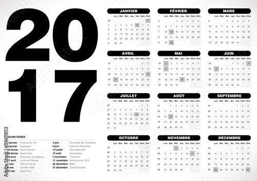 calendrier 2017 français noir et blanc monochrome