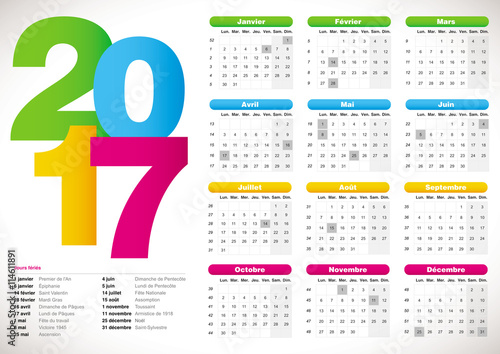 calendrier français 2017 multicolore
