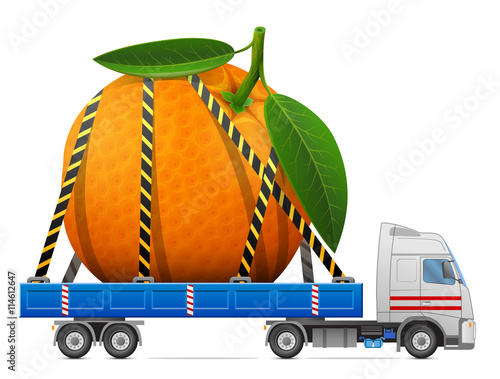 Road transportation of fresh orange fruit. Delivery of big orange with leaves in back of truck. Qualitative vector image about orange, agriculture, fruits, transportation, gastronomy, trucking, etc