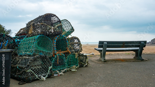 Lobster pots stacked ontop of each other near Bude on the Cornwall coast