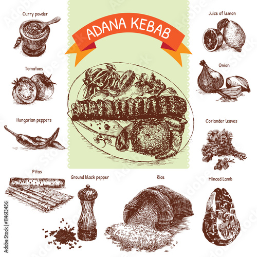 Vector illustration of adana kebab ingredients
