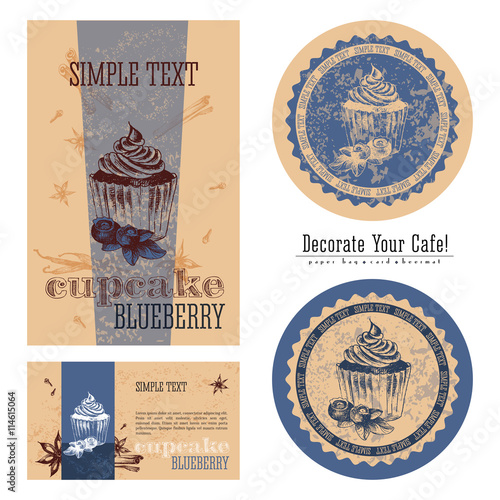 Blueberry cupcakes, eco-friendly packaging design and execution of a cafe, a paper bag, business card, sticker and beermat. Decorate your cafe.
