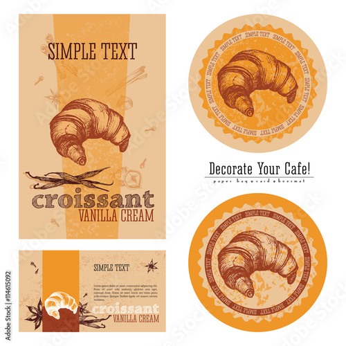 Croissant with vanilla cream, eco-friendly packaging design and execution of a cafe, a paper bag, business card, sticker and beermat. Decorate your cafe.