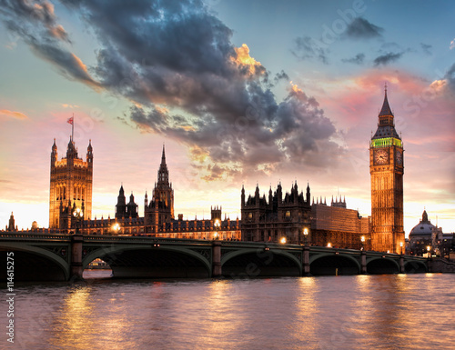 Big Ben against colorful sunset in London, England, UK