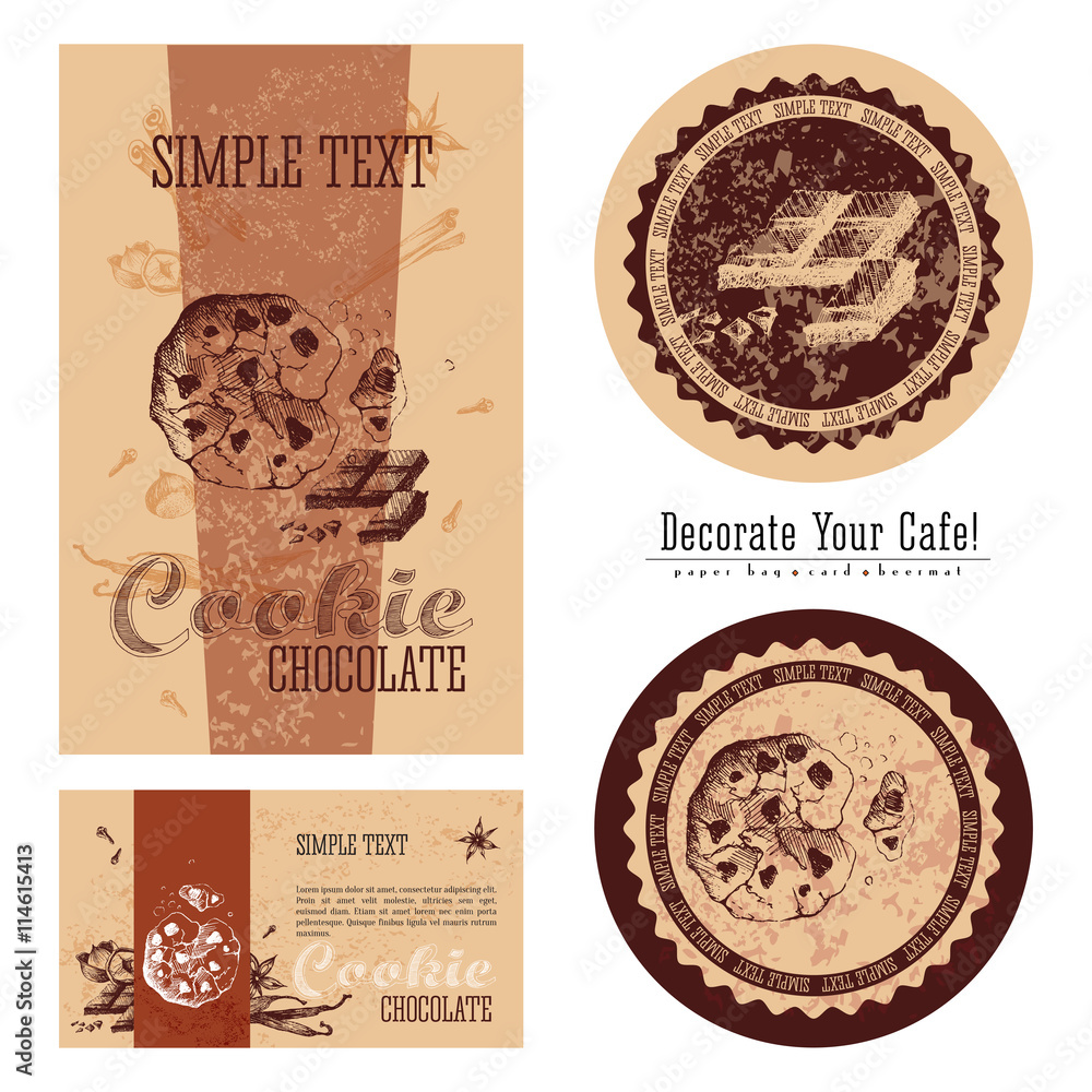 Chocolate biscuit and cookie, eco-friendly packaging design and execution  of a cafe, a paper bag, business card, sticker and beermat. Decorate your  cafe. Stock Vector | Adobe Stock