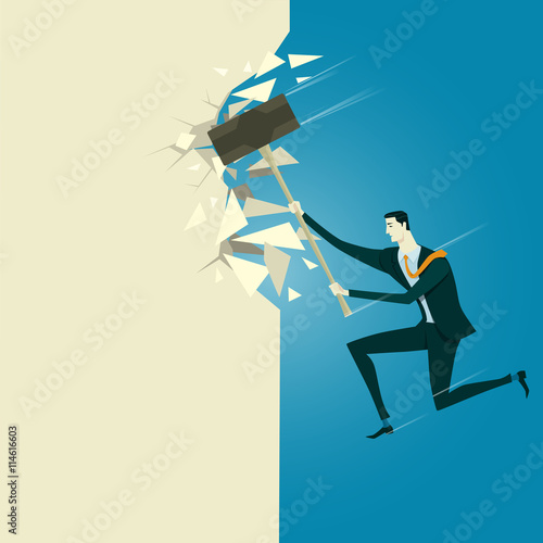Manager breaking the wall. Abstract business concept of success or breakthrough. Vector illustration flat style finance banking web infographics.