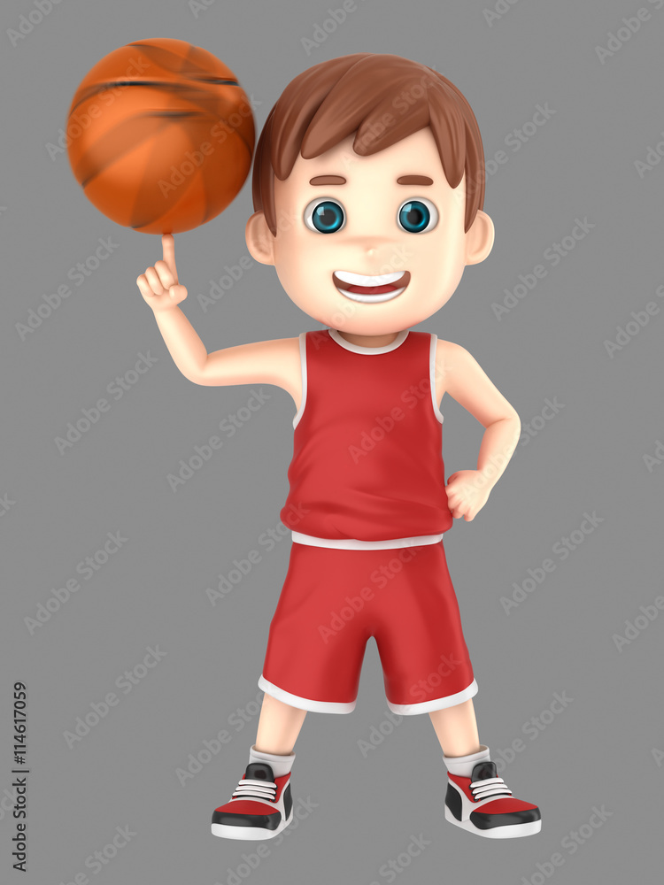 3d illustration of a cute kid spinning a basketball in uniform
