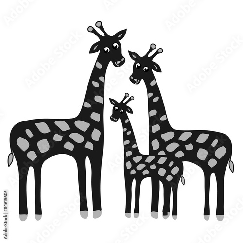 Happy family giraffe. Cute giraffes family illustration. Jungle animals with tropical plants print. Happy family concept - father  mother  baby. 