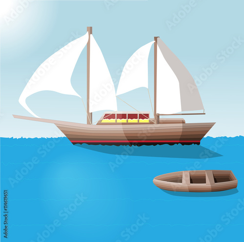 Old wooden ship yacht and boat on th sea. Flat vector